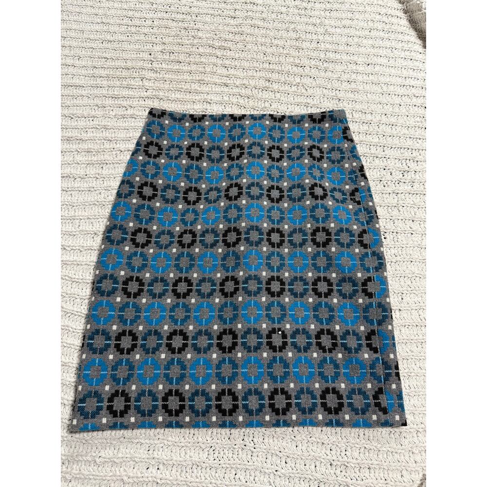 Talbots Pencil Skirt Geometric Pattern Womens Sz 4 Petite Blue Black Wool Lined